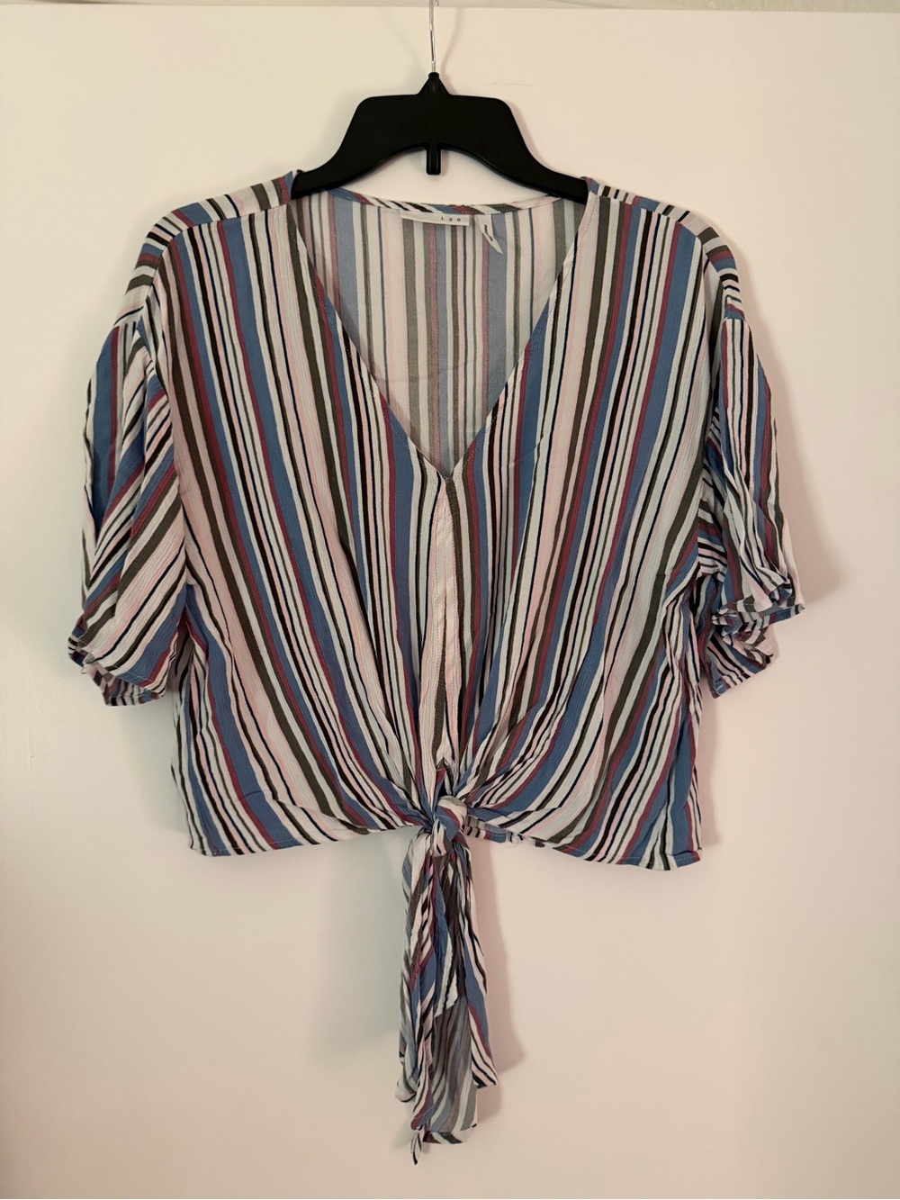 Striped Tie-Front V-Neck Blouse - Blue Multi